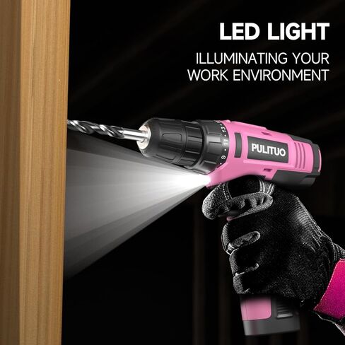 PULITUO 12V مجموعة المثقاب اللاسلكي الوردي مع بطارية وشاحن، تحسين المنزل الحفر الكهربائية، ظرف بدون مفتاح 3/8 بوصة، LED مدمج، 21 + 1 إعداد عزم الدوران مثقاب صغير in Kuwait
