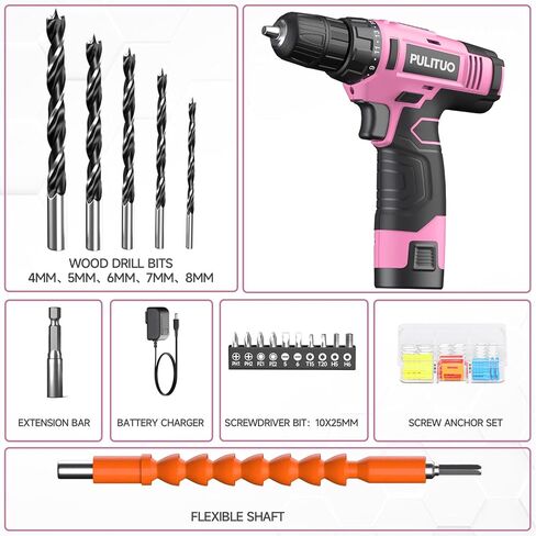 PULITUO 12V مجموعة المثقاب اللاسلكي الوردي مع بطارية وشاحن، تحسين المنزل الحفر الكهربائية، ظرف بدون مفتاح 3/8 بوصة، LED مدمج، 21 + 1 إعداد عزم الدوران مثقاب صغير in Kuwait