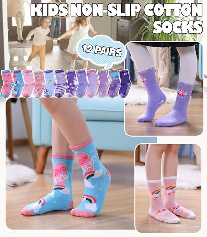Toddlers Girls Non Slip Grip Socks - Cotton Crew Socks with Grippers 12 Pairs in Kuwait