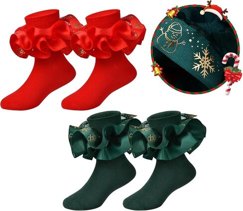 2 Pairs Toddler Christmas Lace Ruffle Baby Socks Girls Cozy Cotton Dress Frilly Socks 1-3T/ 4-6Years Christmas Gift in Kuwait