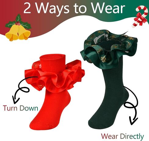 2 Pairs Toddler Christmas Lace Ruffle Baby Socks Girls Cozy Cotton Dress Frilly Socks 1-3T/ 4-6Years Christmas Gift in Kuwait