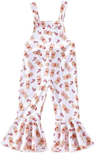 Kayotuas Toddler Baby Girl Christmas Outfit Candy Cane Bow Print Jumpsuit Overalls Bell Bottom Pants Romper Christmas Clothes in Saudi Arabia