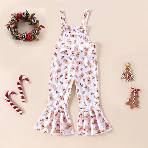 Kayotuas Toddler Baby Girl Christmas Outfit Candy Cane Bow Print Jumpsuit Overalls Bell Bottom Pants Romper Christmas Clothes in Saudi Arabia
