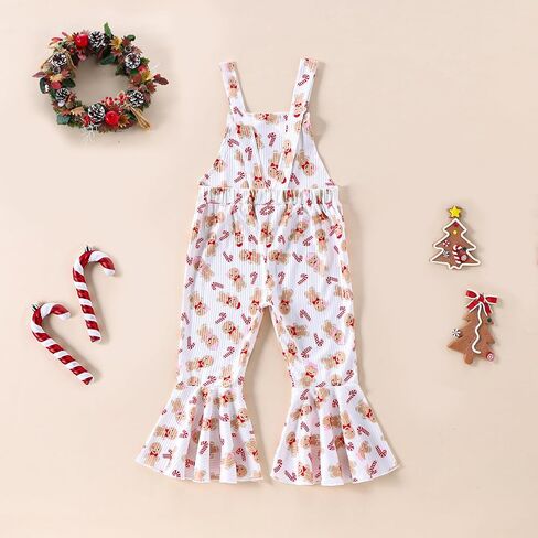Kayotuas Toddler Baby Girl Christmas Outfit Candy Cane Bow Print Jumpsuit Overalls Bell Bottom Pants Romper Christmas Clothes in Saudi Arabia