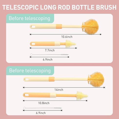 Baby Bottle Brush, VOOWO Telescopic Silicone Bottle Brush for Cleaning with Long Handle, Water Bottle Cleaner Brush with Nipple & Straw Cleaner, Included Towel (Oragne Telescopic Brush & Stand) in Saudi Arabia