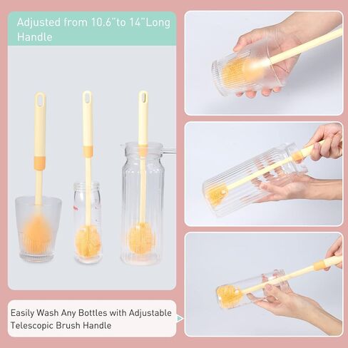 Baby Bottle Brush, VOOWO Telescopic Silicone Bottle Brush for Cleaning with Long Handle, Water Bottle Cleaner Brush with Nipple & Straw Cleaner, Included Towel (Oragne Telescopic Brush & Stand) in Saudi Arabia
