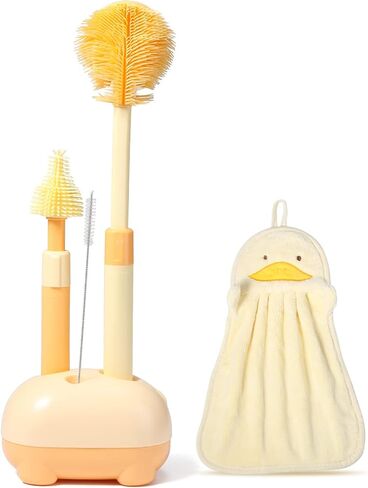 Baby Bottle Brush, VOOWO Telescopic Silicone Bottle Brush for Cleaning with Long Handle, Water Bottle Cleaner Brush with Nipple & Straw Cleaner, Included Towel (Oragne Telescopic Brush & Stand) in Saudi Arabia