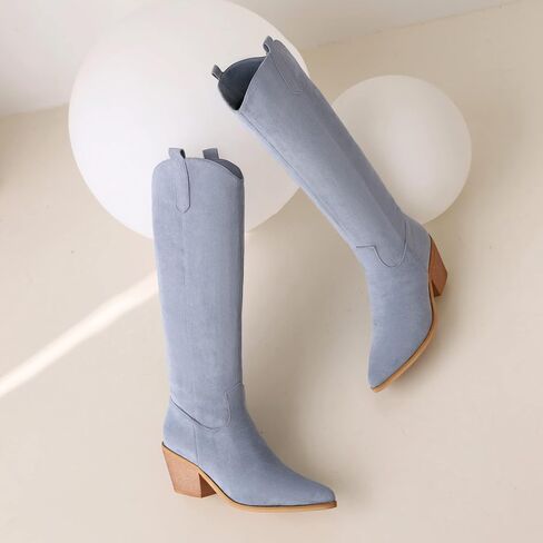 Reitoye Cowboy Boots for Women Embroidery Western Cowgirl Knee High Chunky Heel Boots with Pull-Up Tabs in Saudi Arabia