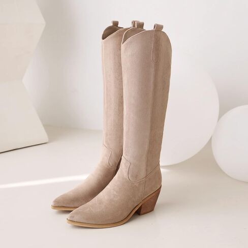 Reitoye Cowboy Boots for Women Embroidery Western Cowgirl Knee High Chunky Heel Boots with Pull-Up Tabs in Saudi Arabia