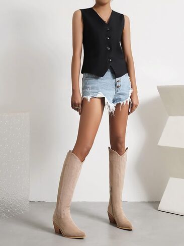 Reitoye Cowboy Boots for Women Embroidery Western Cowgirl Knee High Chunky Heel Boots with Pull-Up Tabs in Saudi Arabia