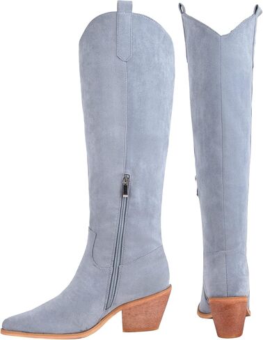 Reitoye Cowboy Boots for Women Embroidery Western Cowgirl Knee High Chunky Heel Boots with Pull-Up Tabs in Saudi Arabia