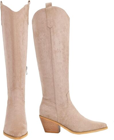 Reitoye Cowboy Boots for Women Embroidery Western Cowgirl Knee High Chunky Heel Boots with Pull-Up Tabs in Saudi Arabia