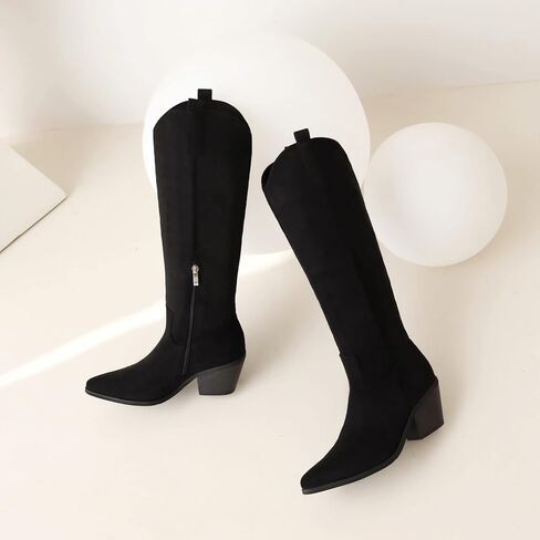Reitoye Cowboy Boots for Women Embroidery Western Cowgirl Knee High Chunky Heel Boots with Pull-Up Tabs in Kuwait