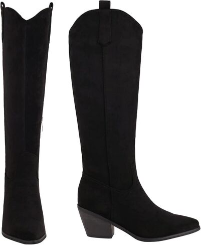 Reitoye Cowboy Boots for Women Embroidery Western Cowgirl Knee High Chunky Heel Boots with Pull-Up Tabs in Kuwait