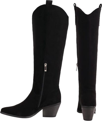 Reitoye Cowboy Boots for Women Embroidery Western Cowgirl Knee High Chunky Heel Boots with Pull-Up Tabs in Kuwait