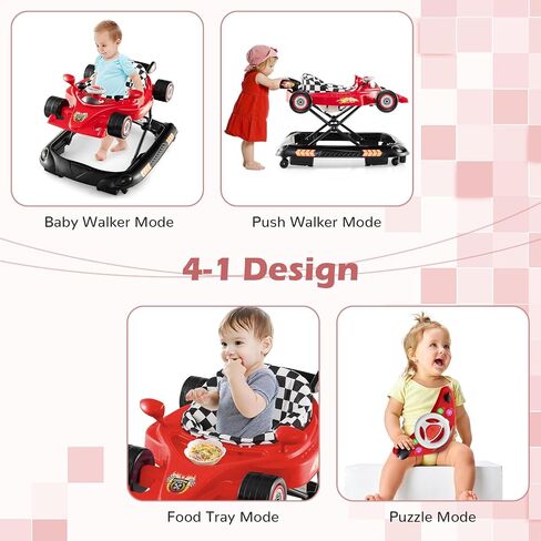 BABY JOY 4-in-1 Baby Walker, Foldable Activity Walker with Adjustable Height, Music & Lights, Anti-Rollover, Toddler Push Walker, Baby Walker with Wheels for Boys Girls 6-14 Months (Red) in Saudi Arabia