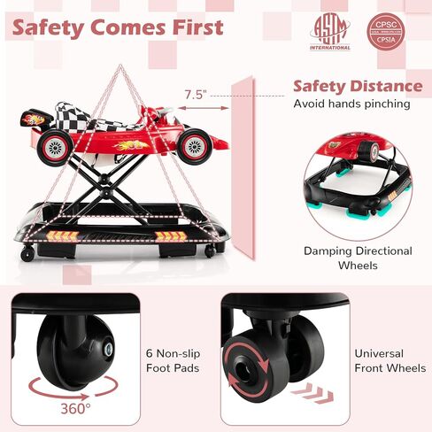 BABY JOY 4-in-1 Baby Walker, Foldable Activity Walker with Adjustable Height, Music & Lights, Anti-Rollover, Toddler Push Walker, Baby Walker with Wheels for Boys Girls 6-14 Months (Red) in Saudi Arabia