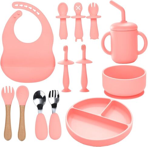 Silicone Baby Feeding Set,13PCS Baby Feeding Essentials with Suction Bowl and Plate,Spoons & Forks,Bib & Cup,Baby Toothbrush,Baby Led Weaning Supplies for 6+ Months,Baby Eating Essentials (Blue) in Saudi Arabia