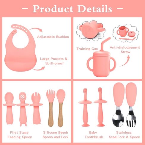 Silicone Baby Feeding Set,13PCS Baby Feeding Essentials with Suction Bowl and Plate,Spoons & Forks,Bib & Cup,Baby Toothbrush,Baby Led Weaning Supplies for 6+ Months,Baby Eating Essentials (Blue) in Saudi Arabia