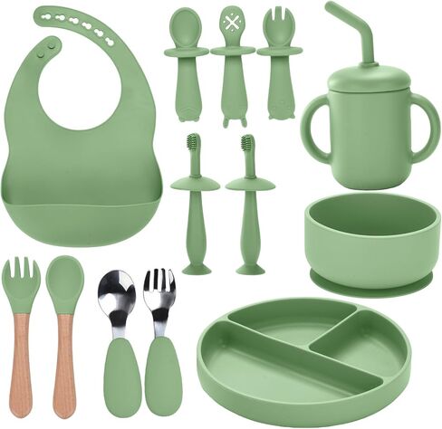 Silicone Baby Feeding Set,13PCS Baby Feeding Essentials with Suction Bowl and Plate,Spoons & Forks,Bib & Cup,Baby Toothbrush,Baby Led Weaning Supplies for 6+ Months,Baby Eating Essentials (Blue) in Saudi Arabia