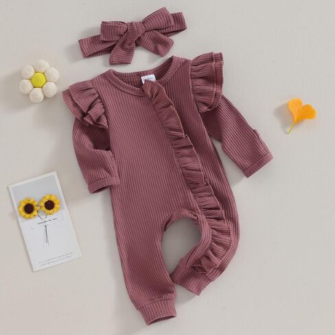 MoZiKQin Newborn Baby Girl Ruffle Romper Knit Sweater Onesie Jumpsuit Long Sleeve Zipper Romper Solid Fall Winter Outfits in Kuwait