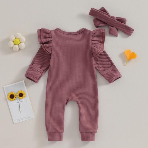MoZiKQin Newborn Baby Girl Ruffle Romper Knit Sweater Onesie Jumpsuit Long Sleeve Zipper Romper Solid Fall Winter Outfits in Kuwait
