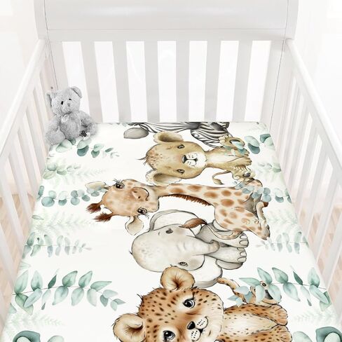 HawSkgFub Safari Jungle African Animals Eucalyptus Leaf Fitted Standard Baby Crib Sheet, Giraffe Lion Tiger Elephant Zebra Toddler Mattress Cover, Soft Stretchy Nursery Bed Sheets Kids Gift 52" x 28" in Saudi Arabia