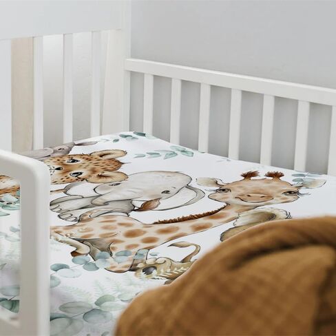 HawSkgFub Safari Jungle African Animals Eucalyptus Leaf Fitted Standard Baby Crib Sheet, Giraffe Lion Tiger Elephant Zebra Toddler Mattress Cover, Soft Stretchy Nursery Bed Sheets Kids Gift 52" x 28" in Saudi Arabia