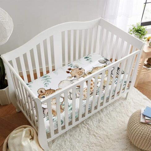 HawSkgFub Safari Jungle African Animals Eucalyptus Leaf Fitted Standard Baby Crib Sheet, Giraffe Lion Tiger Elephant Zebra Toddler Mattress Cover, Soft Stretchy Nursery Bed Sheets Kids Gift 52" x 28" in Saudi Arabia