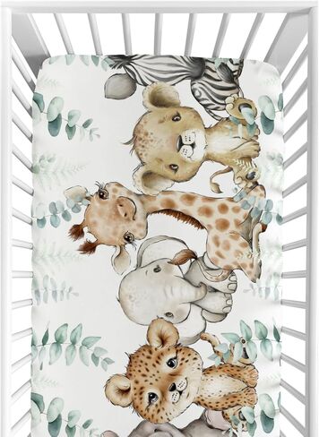 HawSkgFub Safari Jungle African Animals Eucalyptus Leaf Fitted Standard Baby Crib Sheet, Giraffe Lion Tiger Elephant Zebra Toddler Mattress Cover, Soft Stretchy Nursery Bed Sheets Kids Gift 52" x 28" in Saudi Arabia