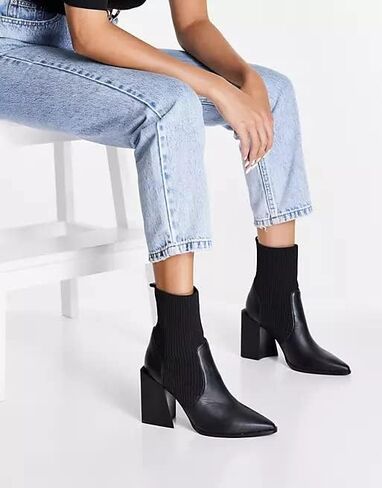 Womens Chunky Stacked Heel Ankle Boots Pointed Toe Booties Slip On Ribbed Knit Sock Boot in Kuwait