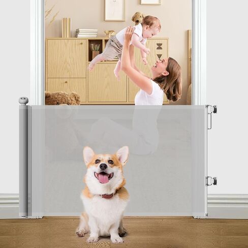 Retractable Baby Gate or Dog Gate, Retractable Pet Gate, 33" Tall, Extends to 55" Wide, Safety for Kids and Pets,Cat Gates, Mesh Safety Gates for Stairs, Indoor, Outdoor, Doorways, Hallways(Gray) in Saudi Arabia