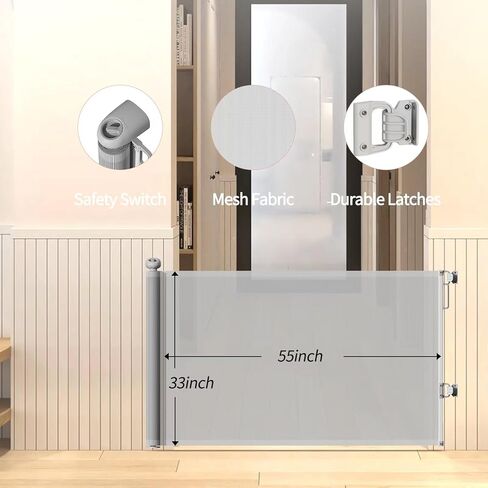 Retractable Baby Gate or Dog Gate, Retractable Pet Gate, 33" Tall, Extends to 55" Wide, Safety for Kids and Pets,Cat Gates, Mesh Safety Gates for Stairs, Indoor, Outdoor, Doorways, Hallways(Gray) in Saudi Arabia