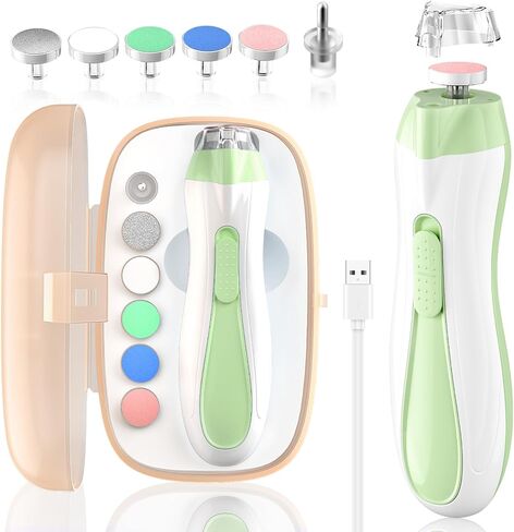 مجموعة مبرد أظافر الأطفال الكهربائية للعناية بأظافر الأطفال مع ضوء LED، مقص أظافر الأطفال الكهربائي لحديثي الولادة/الرضع/البالغين لأظافر القدمين والأظافر، 7 وسادات بديلة لرأس الطحن، أخضر in Kuwait