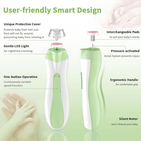 مجموعة مبرد أظافر الأطفال الكهربائية للعناية بأظافر الأطفال مع ضوء LED، مقص أظافر الأطفال الكهربائي لحديثي الولادة/الرضع/البالغين لأظافر القدمين والأظافر، 7 وسادات بديلة لرأس الطحن، أخضر in Kuwait