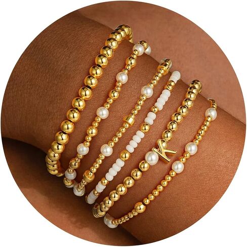 Turandoss 6PCS Beaded Initial Bracelets for Women Christmas Gifts - 18K Gold Plated Beaded Initial Letter Bracelet for Girls Women, Gold Initial A-Z Stretch Bead Stackable Bracelet Jewelry Set Gifts in Kuwait