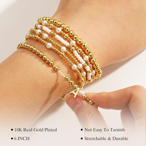 Turandoss 6PCS Beaded Initial Bracelets for Women Christmas Gifts - 18K Gold Plated Beaded Initial Letter Bracelet for Girls Women, Gold Initial A-Z Stretch Bead Stackable Bracelet Jewelry Set Gifts in Kuwait