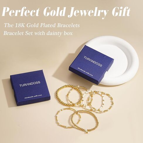 Turandoss 6PCS Beaded Initial Bracelets for Women Christmas Gifts - 18K Gold Plated Beaded Initial Letter Bracelet for Girls Women, Gold Initial A-Z Stretch Bead Stackable Bracelet Jewelry Set Gifts in Kuwait