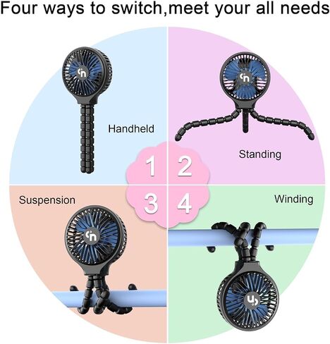 WiHoo Mini Handheld Stroller Fan,Personal Portable Car Seat Baby Fan with Flexible Tripod Fix on Stroller,USB or Battery Operated Desk Fan Adjustable 3 Speeds for Travel Treadmill Golf Cart in Saudi Arabia