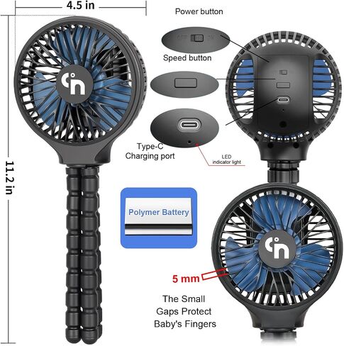 WiHoo Mini Handheld Stroller Fan,Personal Portable Car Seat Baby Fan with Flexible Tripod Fix on Stroller,USB or Battery Operated Desk Fan Adjustable 3 Speeds for Travel Treadmill Golf Cart in Saudi Arabia