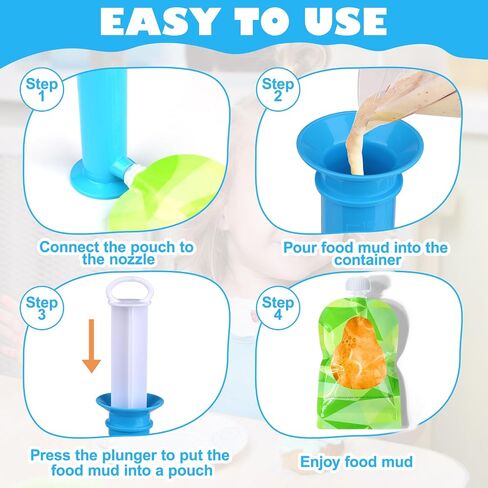 Juome 6Pcs Set Baby Food Pouch Maker, Baby Food Pouches Refillable Kit, Reusable Squeeze Pouches for Kids Toddlers, Puree Filler with Bottom Double Lock Zipper in Saudi Arabia