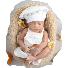 Ylsteed Newborn Photography Outfits Girl Boy Chef Outfits Infant Baby Photo Shoot Chef Costume Newborn Baby Photography Props Baby Chef Hat Apron with Spoon Set Newborn Photography Outfits Boy 3Pcs