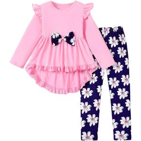 Kid Toddler Girl Clothes Bowknot Ruffle Sleeve Top + Floral Allover Pants 2PC Fall Winter Outfit Set