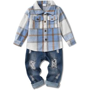 WESIDOM Toddler Baby Girl Boy Clothes Long Sleeve Collar Plaid Shirts Jacket Ribbed Jeans Pants Set Baby Boys Fall Outfit
