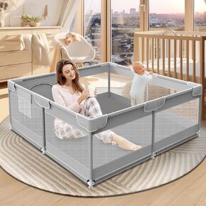 Baby Playpen 50 x 50 Inch Play Pen Playards, Playpen for Babies and Toddlers, Baby Playard for Indoor & Outdoor Active Center Game Fence, with Skin-Friendly Fabric and Soft Breathable Mesh Grey