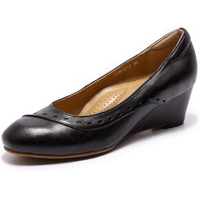 Mona flying Women's Leather Closed Toe 2 Inch Mid Wedges Heels with Arch Support Round Toe Comfortable Dress Pumps for Women Ladies