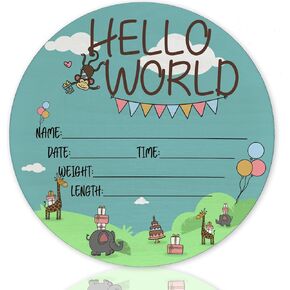 Animals Theme Hello World Newborn Sign, Baby Announcement Sign, Nursery Wall Décor, Jungle Safari Theme Birch Wood 6 inch Circle Board Birth Stat Sign, Newborn Gifts