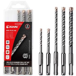 EZARC PGM Masonry Drill Bit Set 5PC SDS-Plus Hammer Drill Bits 4-Cutter Carbide Tips for Reinforced Concrete, Masonry, Marble, Brick and Tile