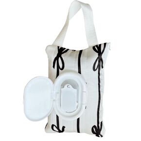 AGLOO Bow Baby Wipes Dispenser - Portable Wet Tissue Storage Bag for Travel, Refillable Diaper Wipe Holder for Car and Stroller – Reusable Hanging Wet Wipe Pouch (Black-White)