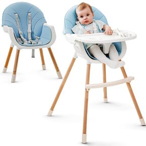 3-in-1 High Chair for Babies and Toddlers - Convertible Wooden Baby Highchair for Eating with Safety Belt, Foldable Baby Feeding Chair with 3-Position Removable Tray, Adjustable Legs (Blue)